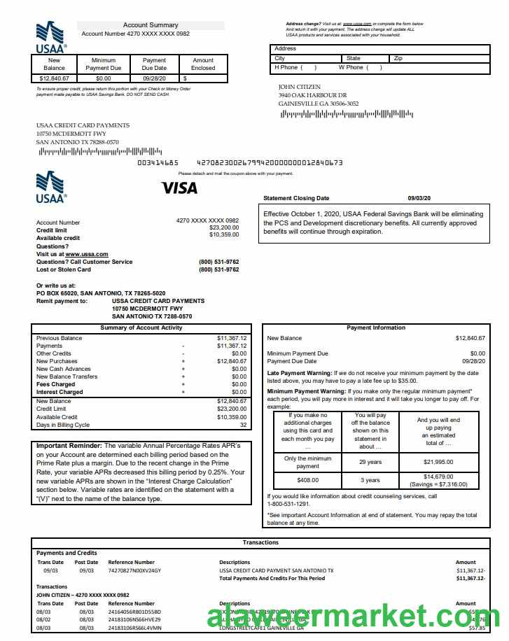 USA USAA bank Credit card statement